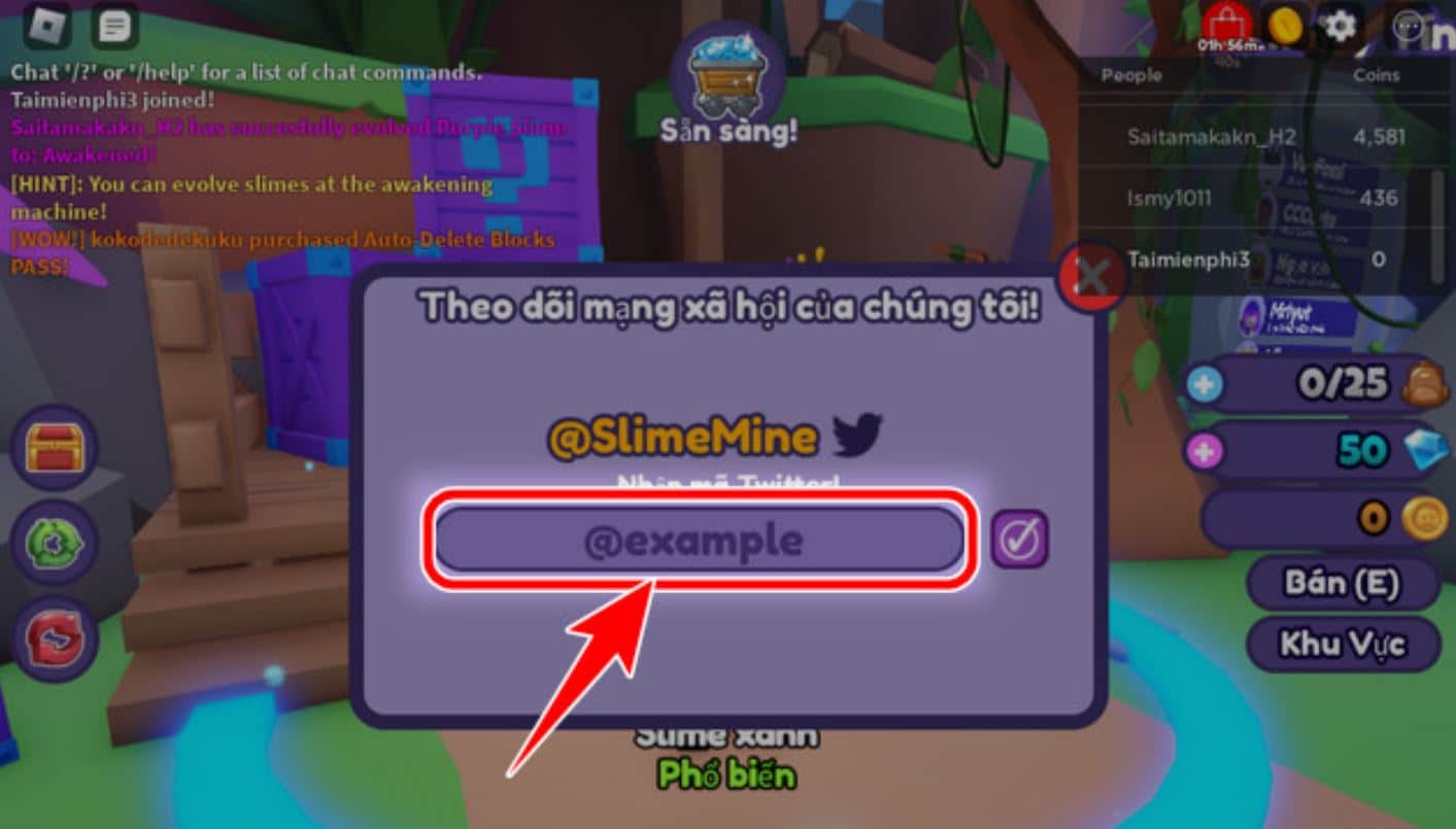 Nhập Code Slime Mine mới nhất vào ô trống.