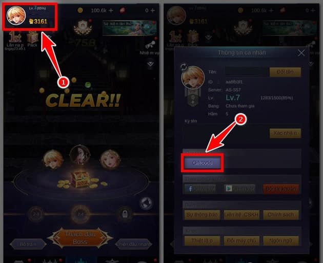 click Avarta nhân vật và chọn mục GiftCode