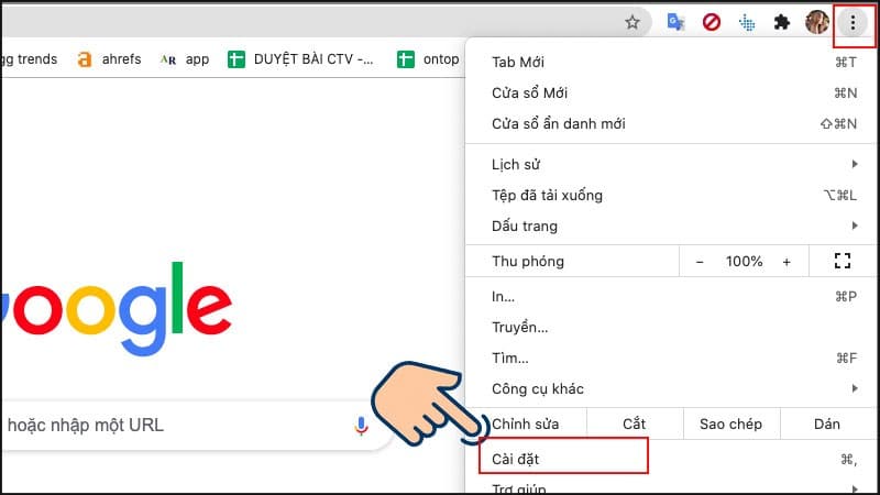 Đầu tiên bạn biểu tượng 3 chấm dọc góc trên cùng bên phải > Cài đặt. Chọn biểu tượng 3 chấm dọc góc trên cùng bên phải và Cài đặt