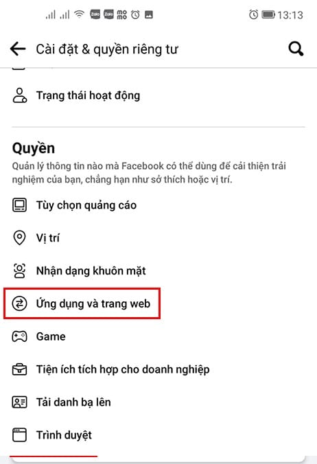 Click ứng dụng và trang web