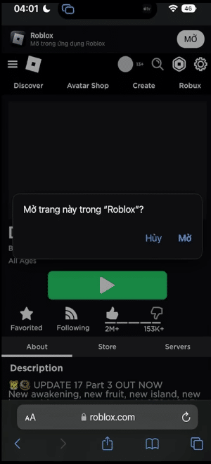 Hiển thị thông báo Mở trang này trong Roblox