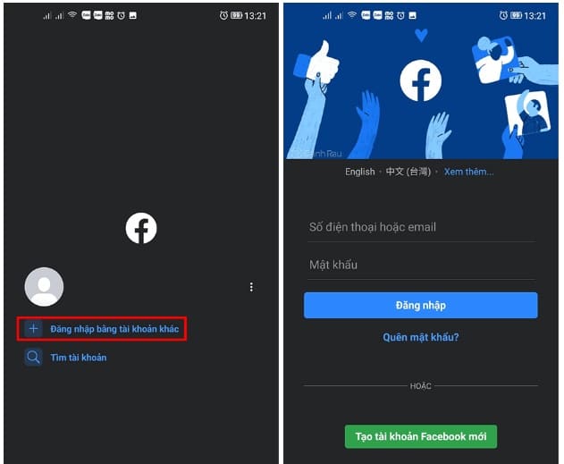 Nhấn Đăng nhập bằng tài khoản khác