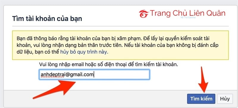 Nhập mail nhấn tìm kiếm