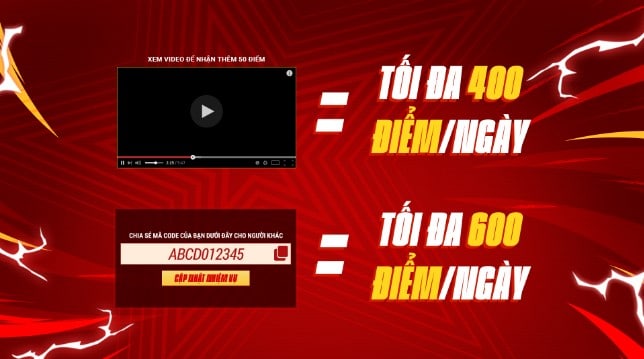 Xem viral video hoặc chia sẻ code để kiếm thêm điẻm sức mạnh