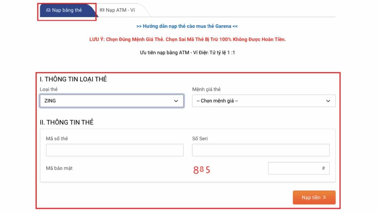 Chọn thẻ Zing và nhập thông tin