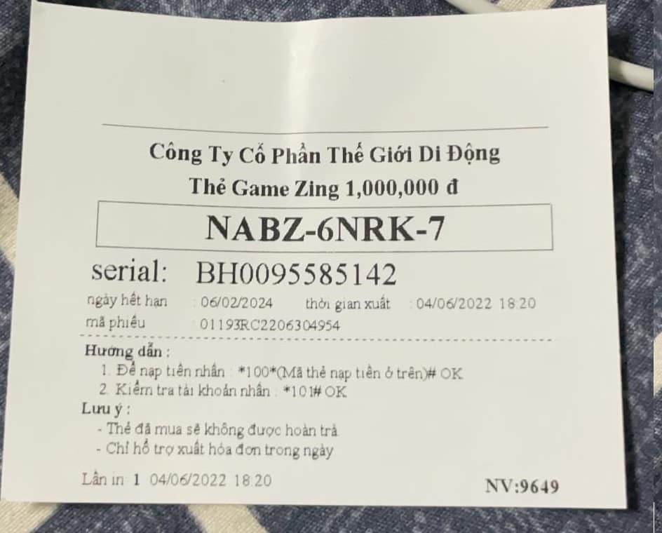 Hình ảnh thẻ zing 1 triệu