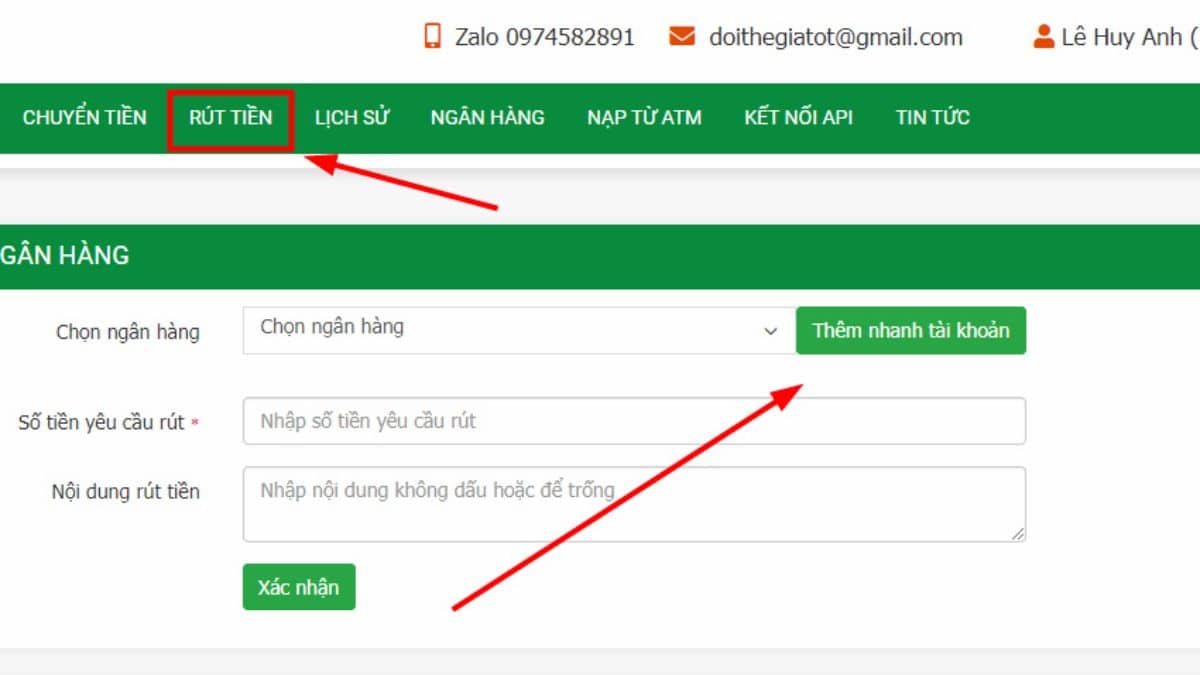 Nhập thông tin rút tiền