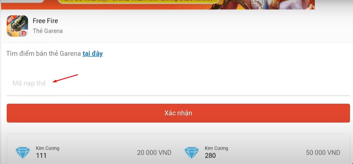 nhập mã thẻ Garena vào ô trống