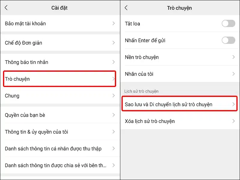 Chọn Sao lưu và Di chuyển lịch sử trò chuyện