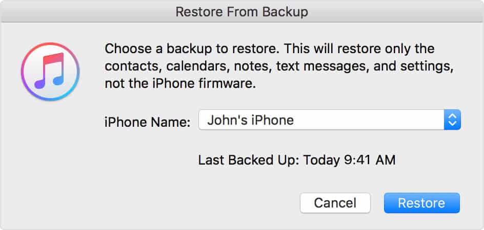 Chọn tệp sao lưu gần đây nhất và nhấp vào nút Restore