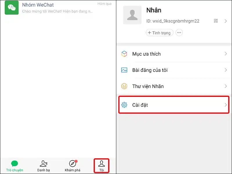 Chuyển sang mục Tôi và chọn Cài đặt