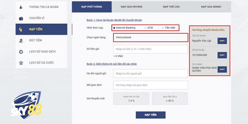 Nạp tiền và rút tiền nhanh chóng tại SKY88
