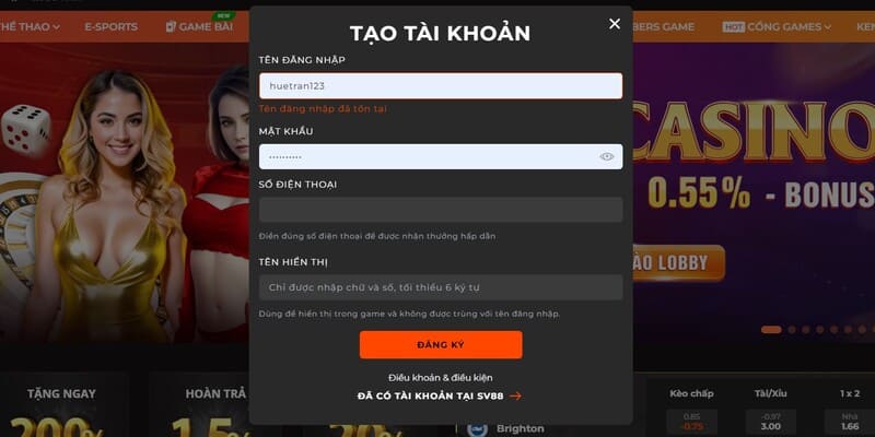 Đăng ký tài khoản sv88