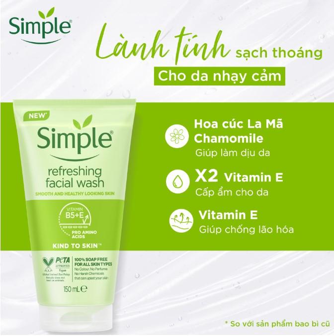 Sữa rửa mặt Simple giúp da sạch thoáng & không chứa xà phòng