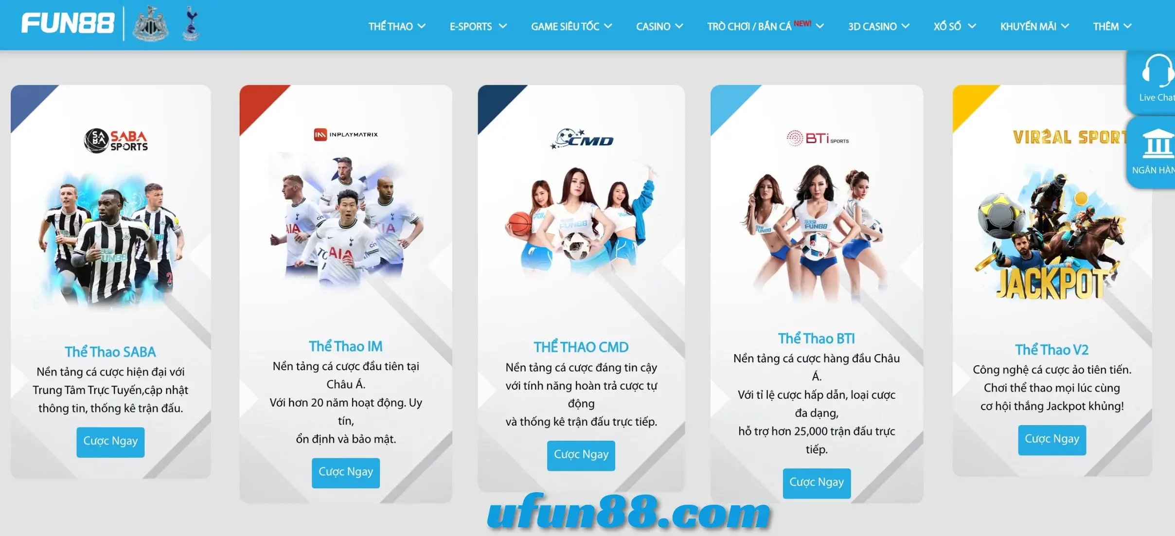 Các sảnh cá cược thể thao tại nhà cái Fun88