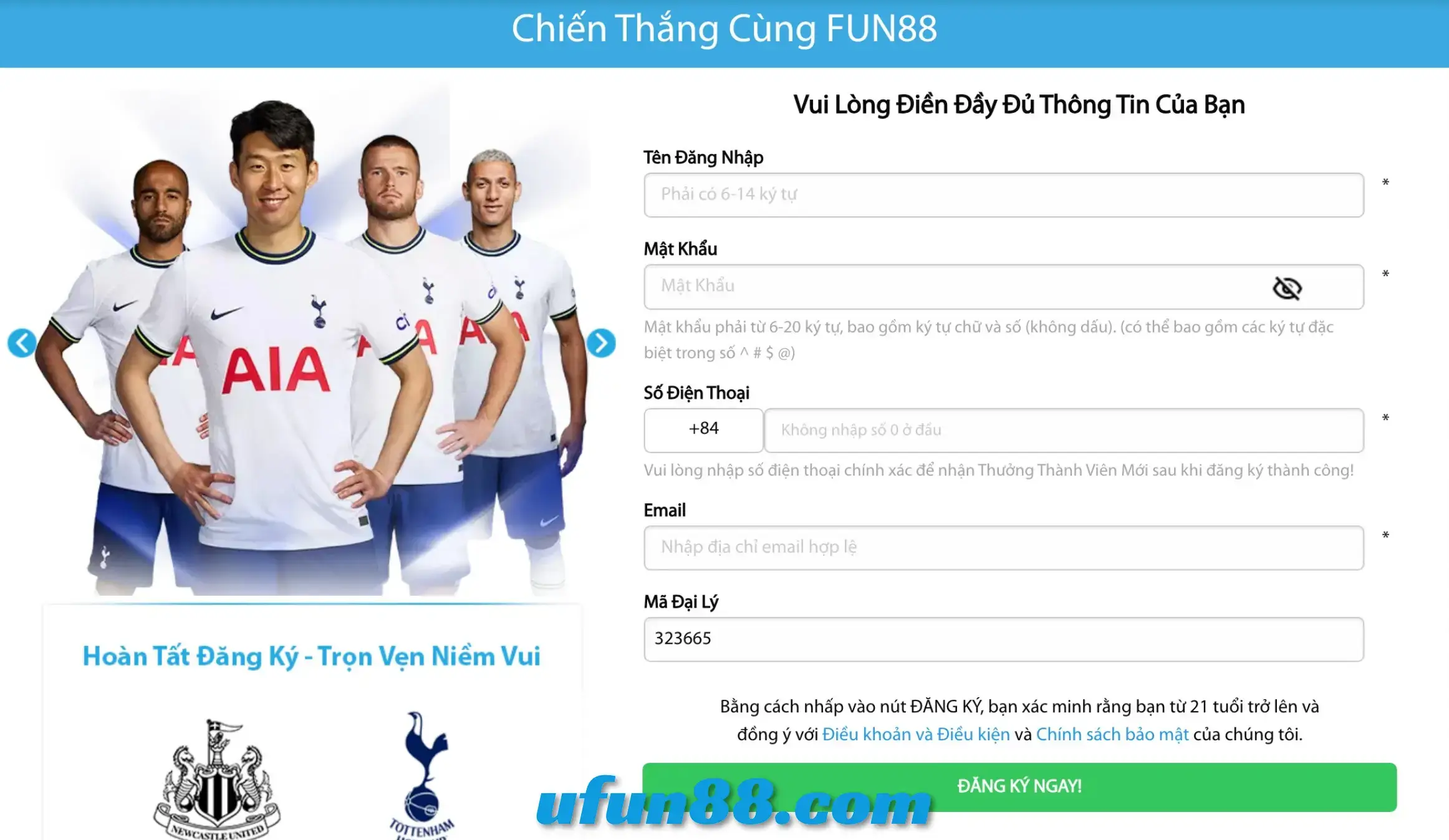 Trang đăng ký tài khoản Fun88