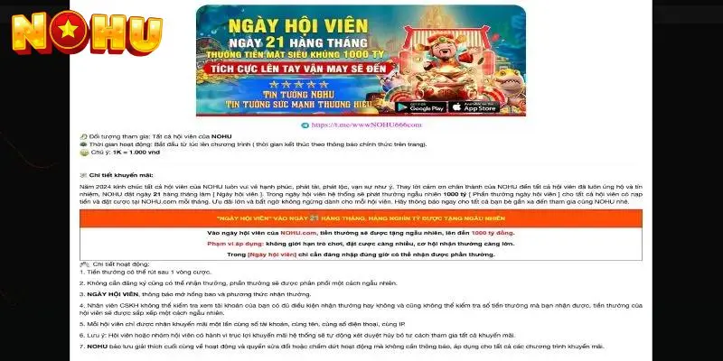 Cổng Game Nohu chính sách khuyến mãi cần biết 3 Khuyến mãi nhận tỷ đô ngày 21 hàng tháng